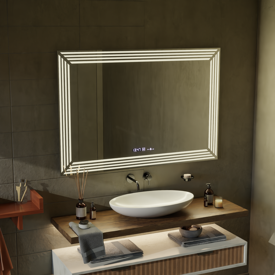 Oglinda LED Rectangulara, 110x65cm, Venezia Senzor MotionGlow Marcello, Sistem Dezaburire, Ceas & Termometru, Dimabila
