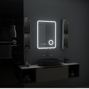 Oglinda LED Touch Ulrich Sistem Dezaburire, Ceas si Temperatura 75x90 cm Rama Negru Brushed Lupa Cosmetica