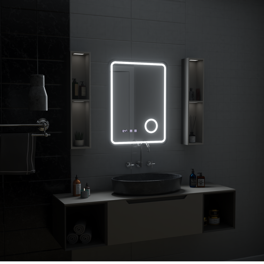 Oglinda LED Touch Ulrich Sistem Dezaburire, Ceas si Temperatura 75x90 cm Rama Negru Brushed Lupa Cosmetica