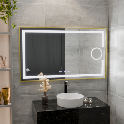 Oglinda LED Rectangulara, 110x65cm, Eclat MotionGlow Marcello, Sistem Dezaburire, Ceas & Termometru, Lupa Cosmetica, Dimabila, Rama Auriu Brushed