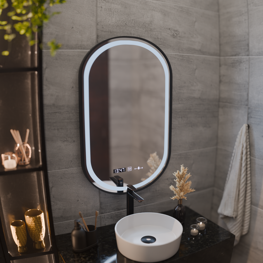 Oglinda LED Touch Helmut Sistem Dezaburire, Ceas si Temperatura 50x80 cm Rama Negru Brushed Marcello Funghi