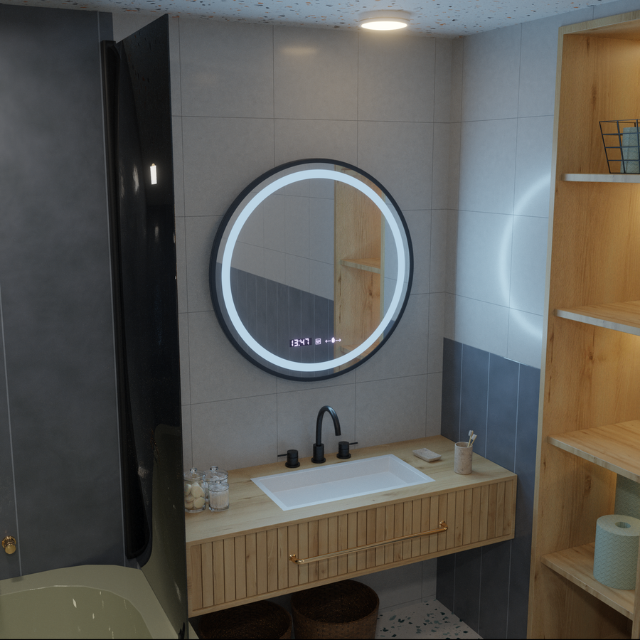 Oglinda LED Rotunda, 100cm, Celeste Majesté Noir MotionGlow Marcello, Sistem Dezaburire, Ceas & Termometru, Dimabila