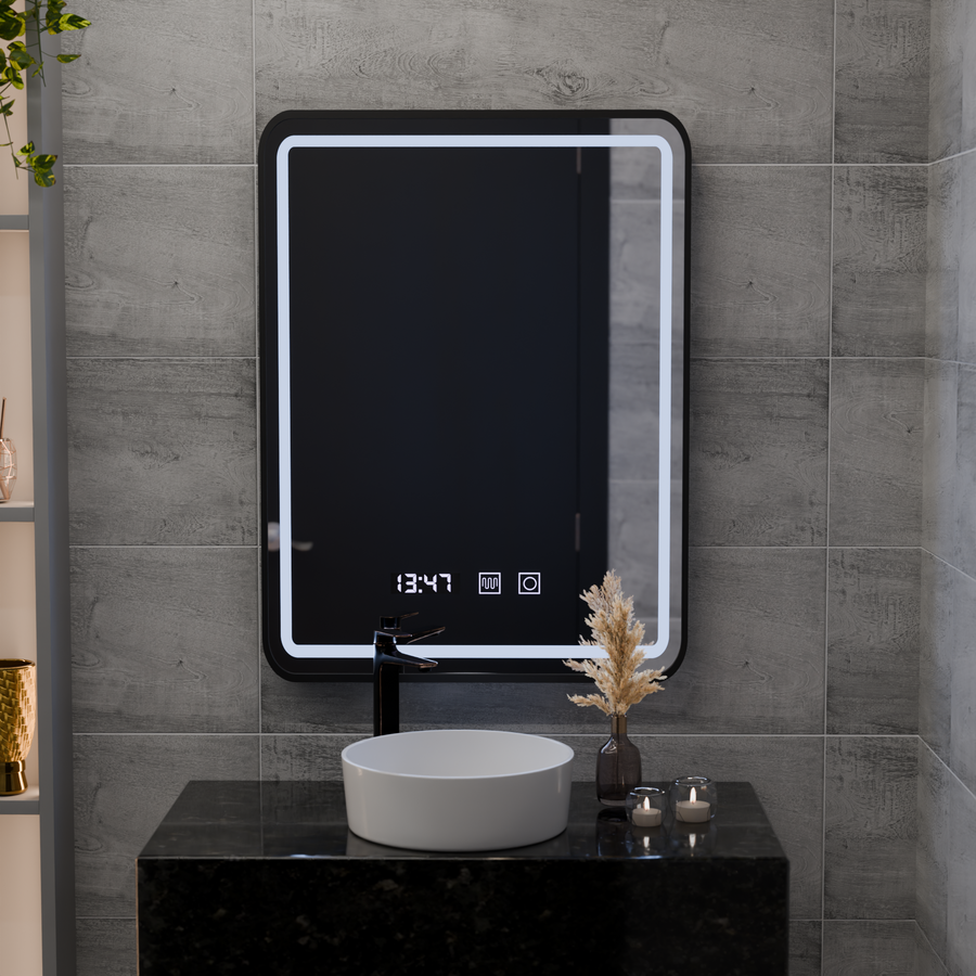 Oglinda LED Touch LUCIDA Sistem Dezaburire, Ceas si Temperatura 50x70 cm Rama Negru Brushed