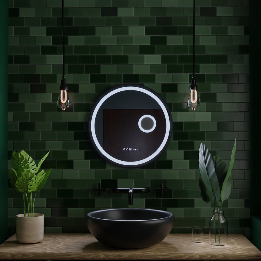 Oglinda LED Rotunda, 60cm, Micah Senzor MotionGlow Marcello, Sistem Dezaburire, Ceas & Termometru, Lupa Cosmetica, Dimabila