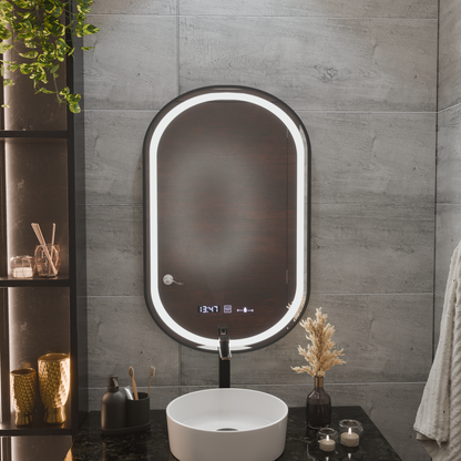 Oglinda LED Touch Helmut, Sistem Dezaburire, Ceas si Temperatura 45x90 cm, Rama Negru, Brushed Marcello Funghi