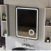 Oglinda LED Touch Ulrich Sistem Dezaburire, Ceas si Temperatura 75x90 cm Rama Negru Brushed Lupa Cosmetica