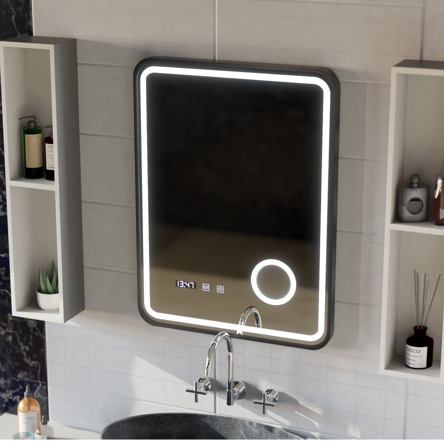 Oglinda LED Touch Ulrich Sistem Dezaburire, Ceas si Temperatura 75x90 cm Rama Negru Brushed Lupa Cosmetica