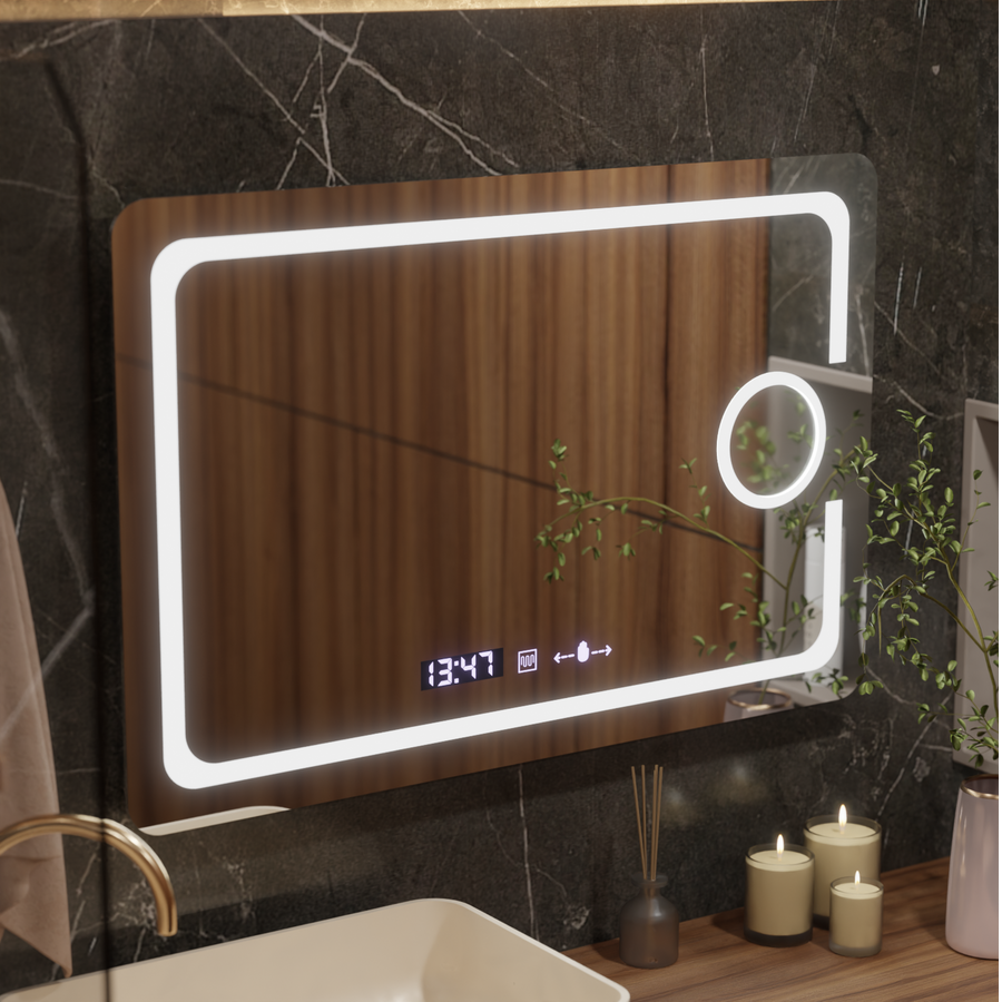 Oglinda LED Rectangulara, 120x80cm, Eclat MotionGlow Marcello, Sistem Dezaburire, Ceas & Termometru, Lupa Cosmetica, Dimabila