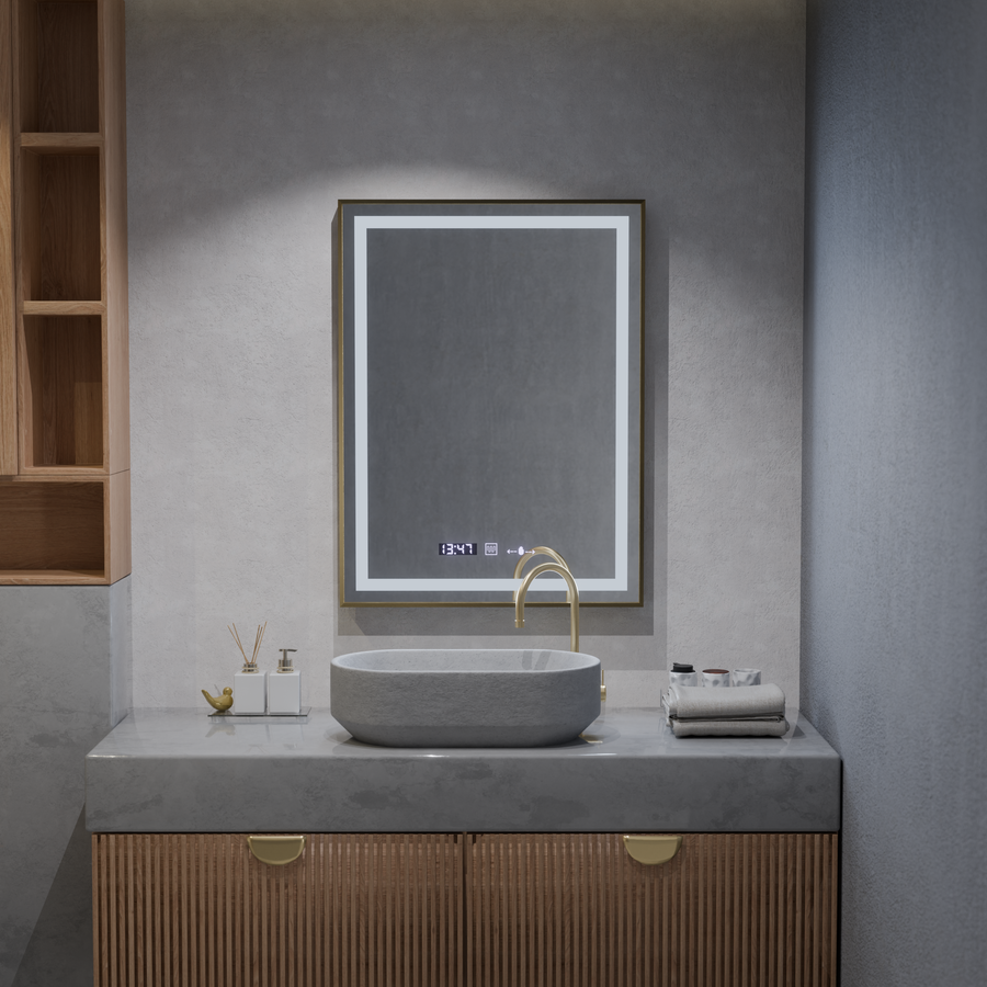 Oglinda LED Rectangulara, 60x80cm, Verite Royale Gold MotionGlow Marcello, Sistem Dezaburire, Ceas & Termometru, Dimabila