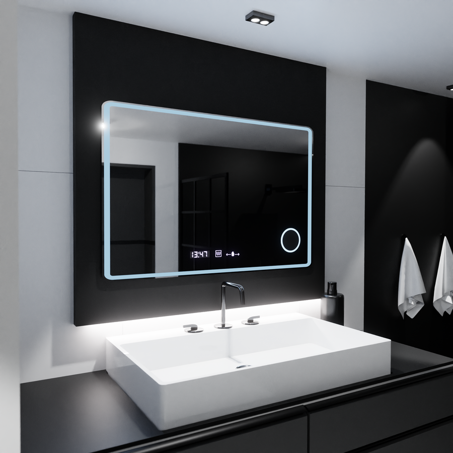 Oglinda LED Rectangulara 120x80 Aura Riflesso Puro MotionGlow Marcello, Sistem Dezaburire, Termometru si Ceas, Dimabila
