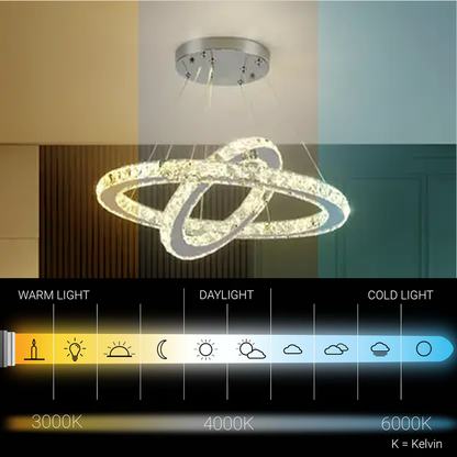 Lustra LED cu telecomanda si cristal PRISM LUMINIS 55W, 2 Cercuri, lumina Rece/Calda/Neutra, Dimabila, Argintiu, Inaltime Reglabila