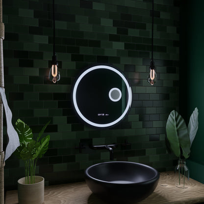 Oglinda LED Rotunda, 60cm, Micah Senzor MotionGlow Marcello, Sistem Dezaburire, Ceas & Termometru, Lupa Cosmetica, Dimabila