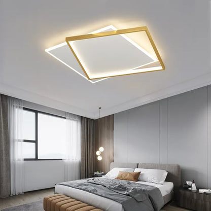 Lustra LED cu telecomanda SOLARA 66W, 2 Patrate, lumina Rece/Calda/Neutra, Dimabila, Auriu Alb