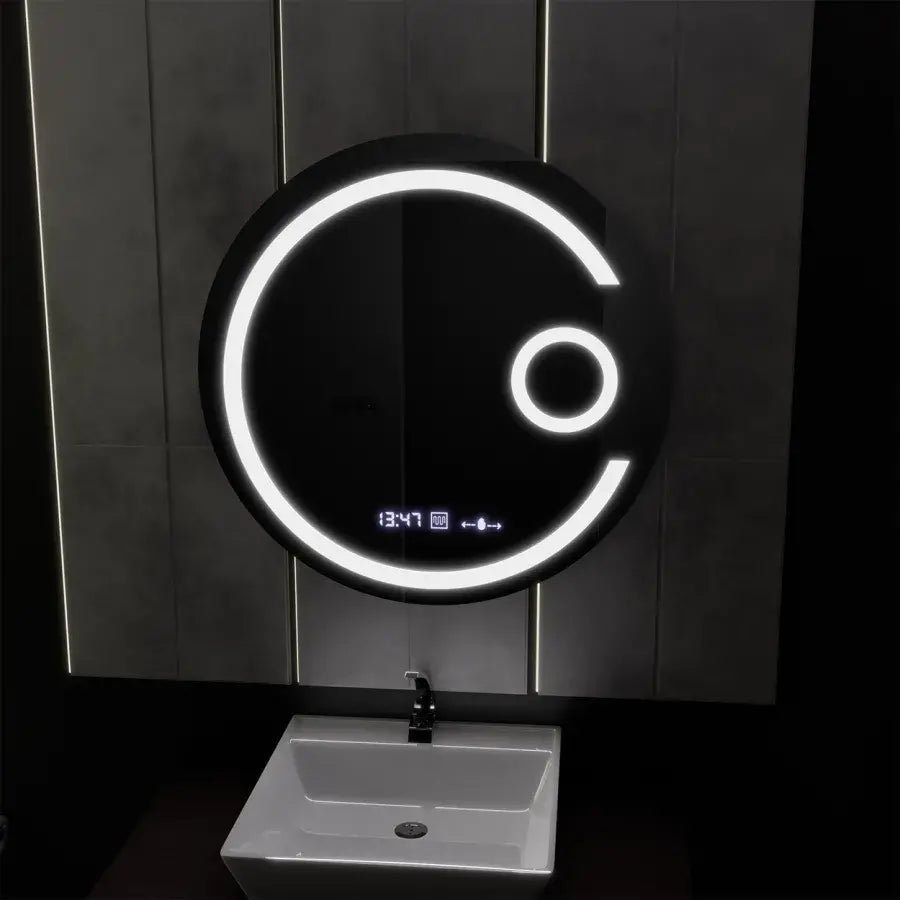 Oglinda LED Rotunda, 60cm, Visio MotionGlow Marcello, Sistem Dezaburire, Ceas & Termometru, Lupa Cosmetica, Dimabila