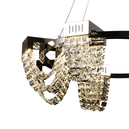 Candelabru Cristal LED 40W, CC370/800CH, Diametru 80cm, Crom Lucios, Inaltime Reglabila, Lumina Calda Neutra Rece 3000K/4000K/6000K, Metal si Cristal