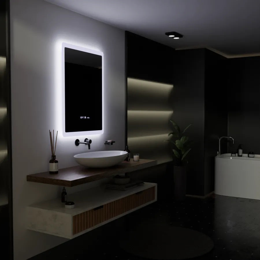 Oglinda LED Rectangulara, 60x80cm, ELANCEE Senzor MotionGlow Marcello, Sistem Dezaburire, Ceas & Termometru, Dimabila