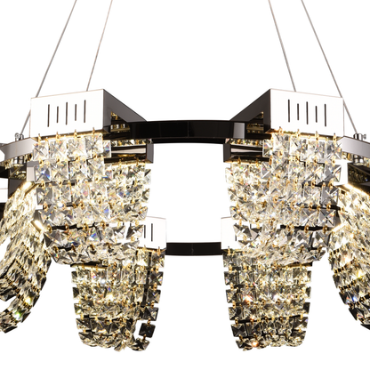 Candelabru Cristal LED 24W, STRATUS Regalis, Diametru 80cm, Crom Lucios, Inaltime Reglabila, Lumina Calda Neutra Rece 3000K/4000K/6000K, Metal si Cristal