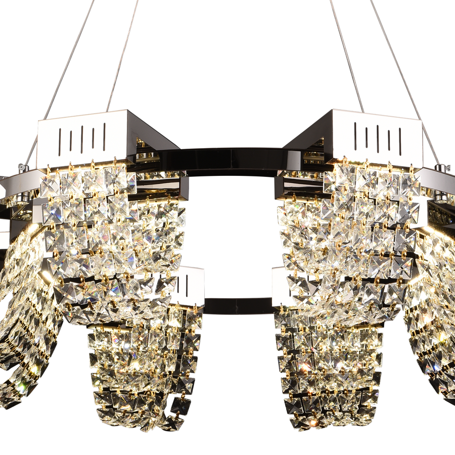 Candelabru Cristal LED 24W, STRATUS Regalis, Diametru 80cm, Crom Lucios, Inaltime Reglabila, Lumina Calda Neutra Rece 3000K/4000K/6000K, Metal si Cristal