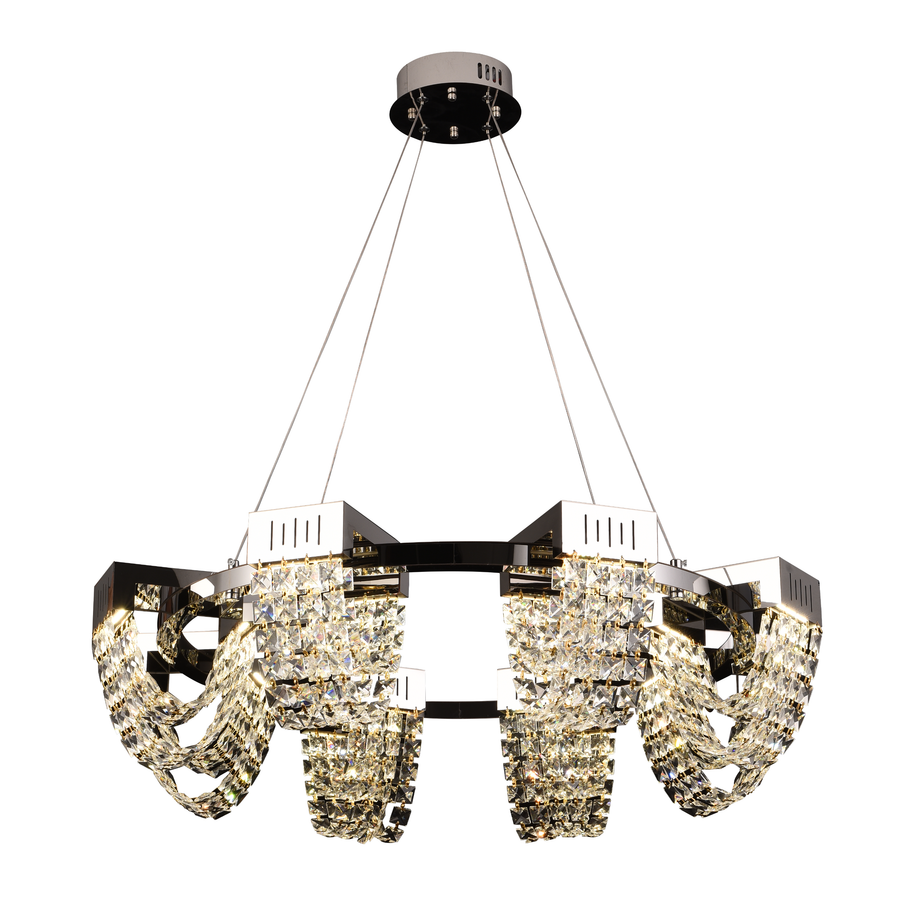 Candelabru Cristal LED 24W, STRATUS Regalis, Diametru 80cm, Crom Lucios, Inaltime Reglabila, Lumina Calda Neutra Rece 3000K/4000K/6000K, Metal si Cristal