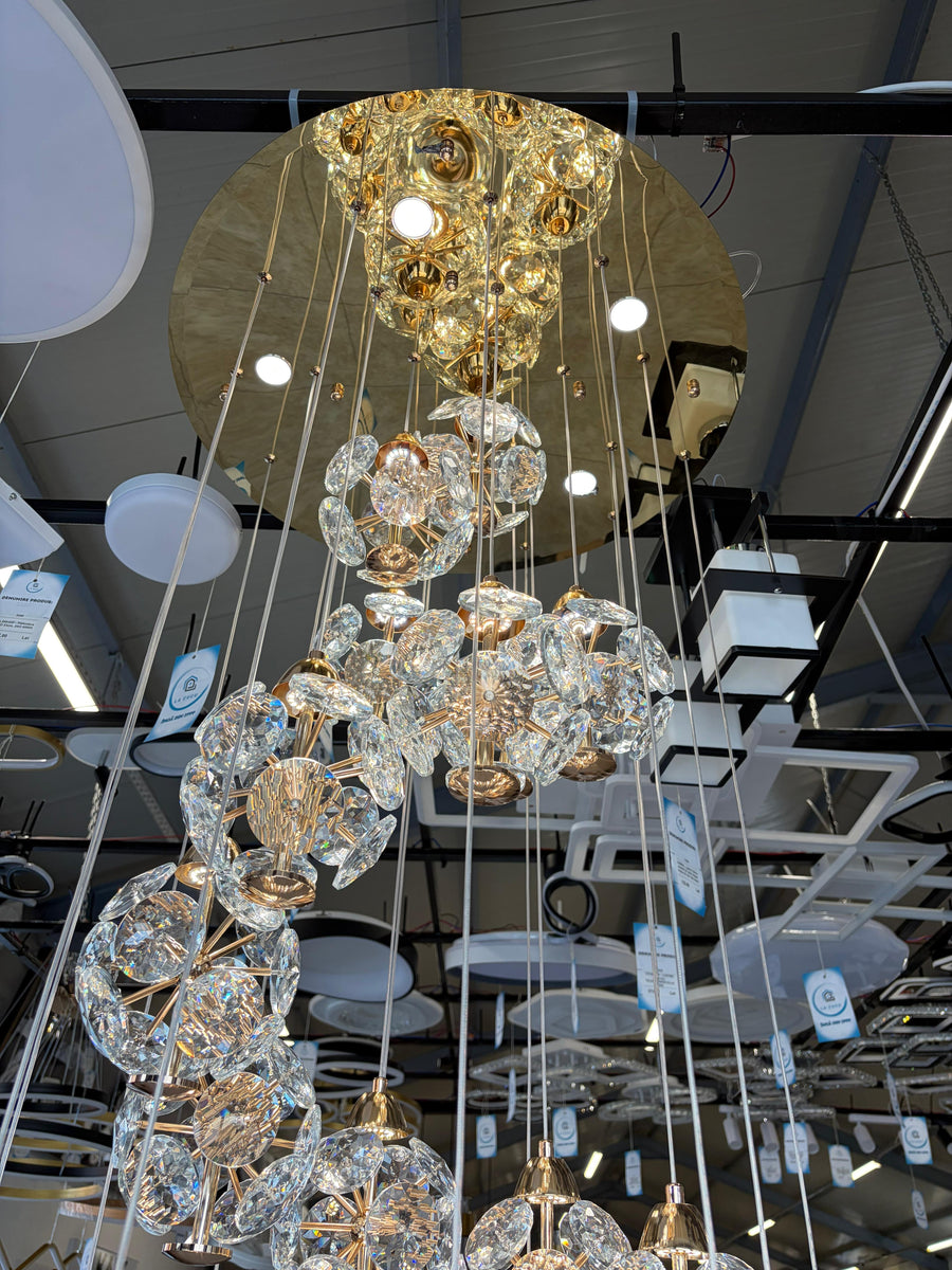 Candelabru Cristal LED KILKENNY Culmino, 144W, Lumina Neutra, Diametru 60cm, Auriu