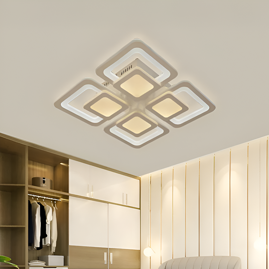 Lustra LED cu telecomanda SUSAN 96W, 4 Patrate, lumina Rece/Calda/Neutra, Dimabila, Alb