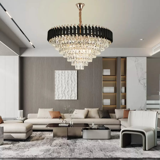 Candelabru Cristal VERSAILLES Supremo 12xE14, Diametru 80cm, Auriu Lucios si Negru, Inaltime Reglabila