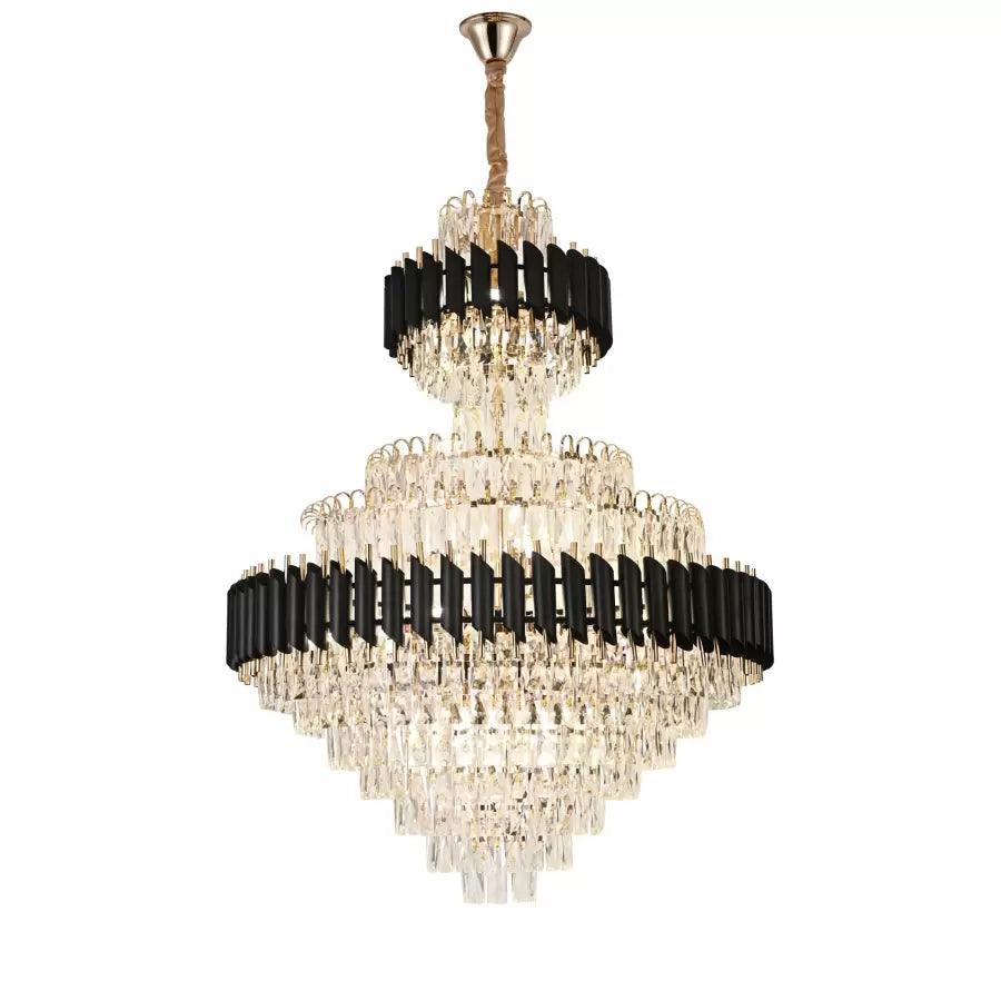 Candelabru Cristal VERSAILLES Supremo Reale 20xE27, Diametru 80cm x Inaltime 110cm, Auriu Lucios si Negru, Inaltime Reglabila