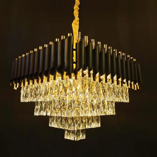 Candelabru Cristal VERSAILLES Eleganza 8x E14, 48 cm, Auriu Lucios si Negru, Inaltime Reglabila