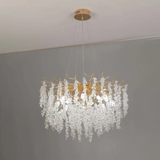 Candelabru Cristal WALTZ Cascade, 6xG9, Auriu, diametru 45cm, Inaltime Reglabila