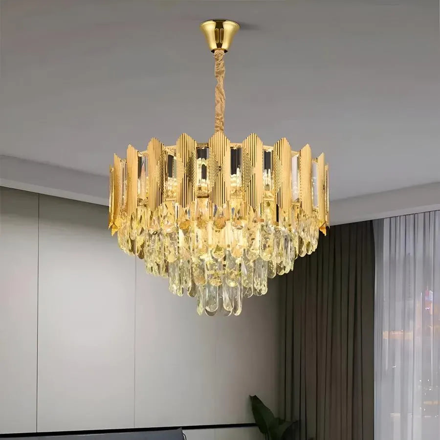 Candelabru Cristal BUCKINGHAM Eleganza 8x E14, Diametru 49cm, Auriu Lucios, Inaltime Reglabila