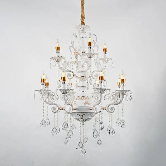 Candelabru Cristal Bruhier 12x E14, Diametru 75cm, Alb cu Auriu, Inaltime Reglabila