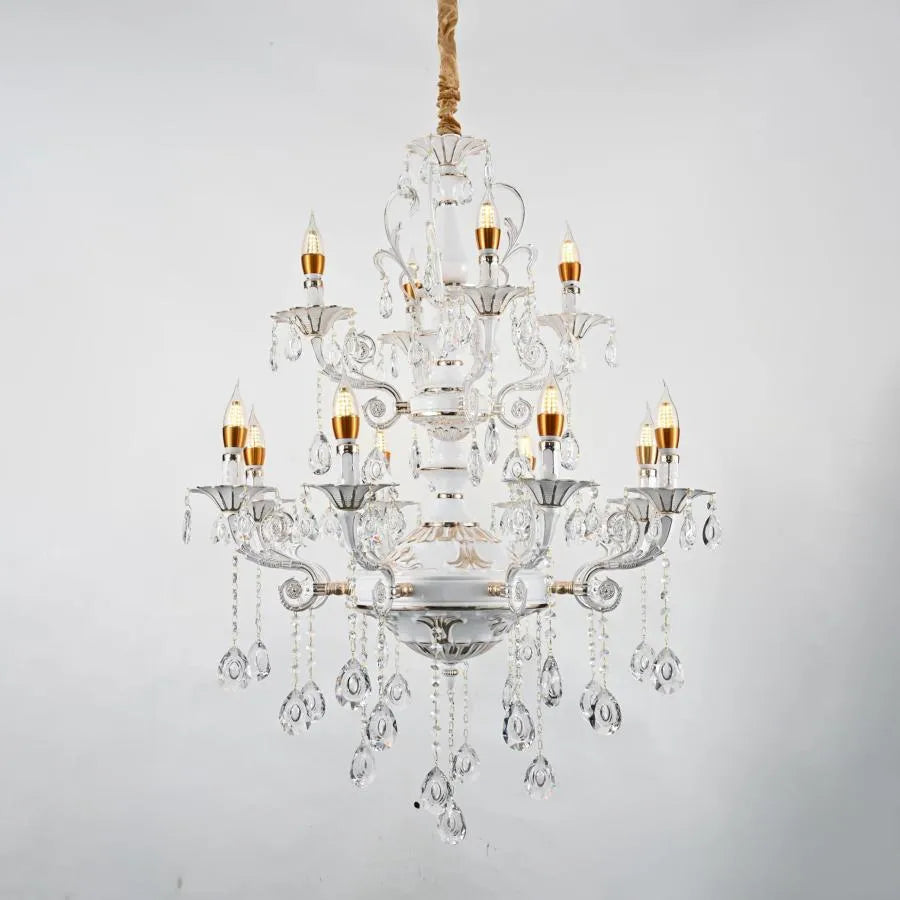 Candelabru Cristal Bruhier 12x E14, Diametru 75cm, Alb cu Auriu, Inaltime Reglabila