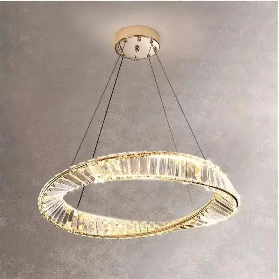 Lustra LED suspendata cu telecomanda si cristal CAIRO 36W, 1 Cerc, lumina Rece/Calda/Neutra, Dimabila, Auriu Lucios, Inaltime Reglabila