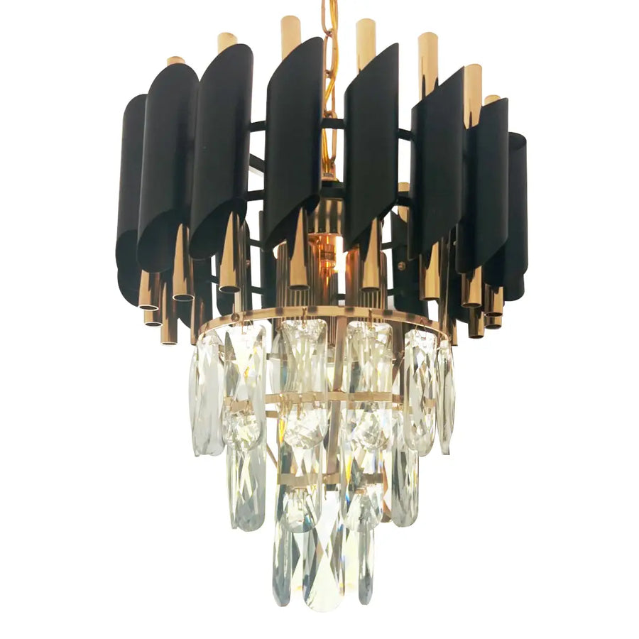 Candelabru Cristal VERSAILLES Petito 3xE14, Diametru 30cm, Auriu Lucios si Negru, Inaltime Reglabila