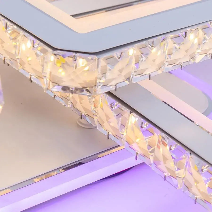 Lustra LED cu telecomanda si cristal LEILA 175W, 8 Patrate, lumina Rece/Calda/Neutra, Dimabila, Alb Crom Lucios