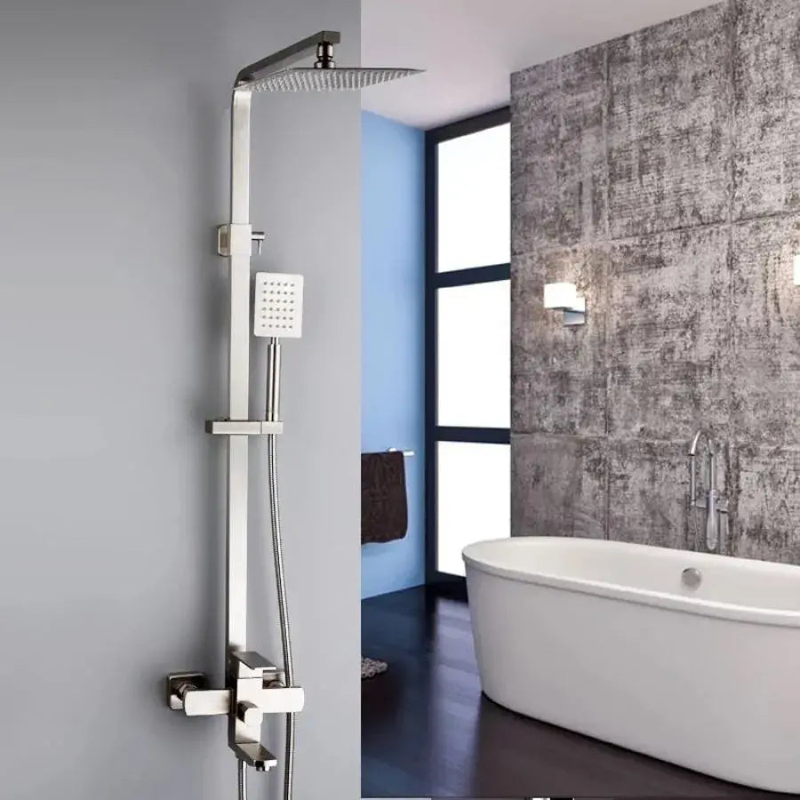 SET Coloana de dus cu baterie, Inox, para patrata, efect ploaie, 3 functii, montare pe perete, Satinat, Accesorii Incluse, LY005