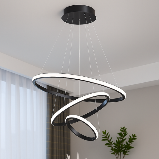 Lustra LED suspendata RICCI 48W, 3 Cercuri, lumina Rece/Calda/Neutra, Negru, Inaltime Reglabila