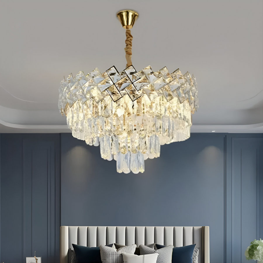 Candelabru Cristal WINDSOR Nobile 5xE14, Diametru 39cm, Auriu Lucios, Inaltime Reglabila