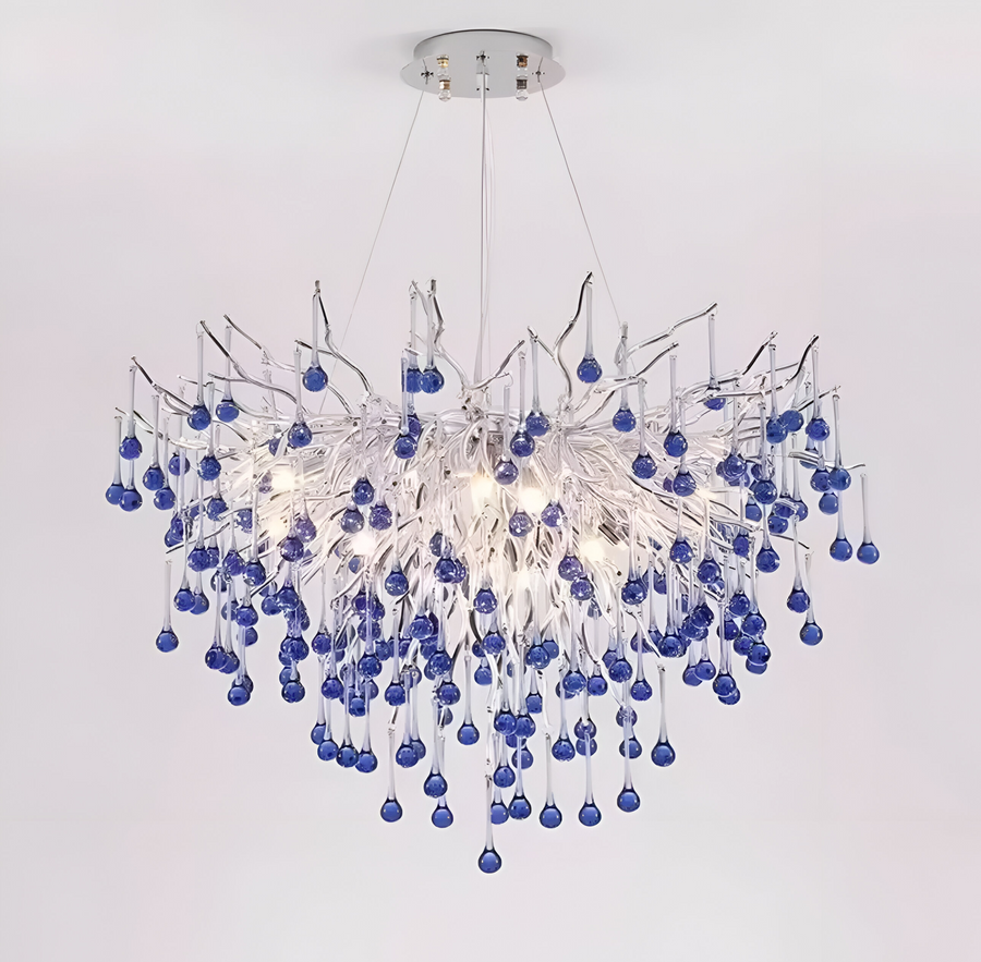 Candelabru Cristal CC335/600CH, 9x G9, Crom si Cristale Albastre, 60cm, Inaltime Reglabila