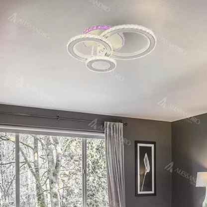 Lustra LED cu telecomanda si cristal LEOCADIA RGB 134W, 3 Cercuri, lumina Rece/Calda/Neutra, Dimabila, Alb