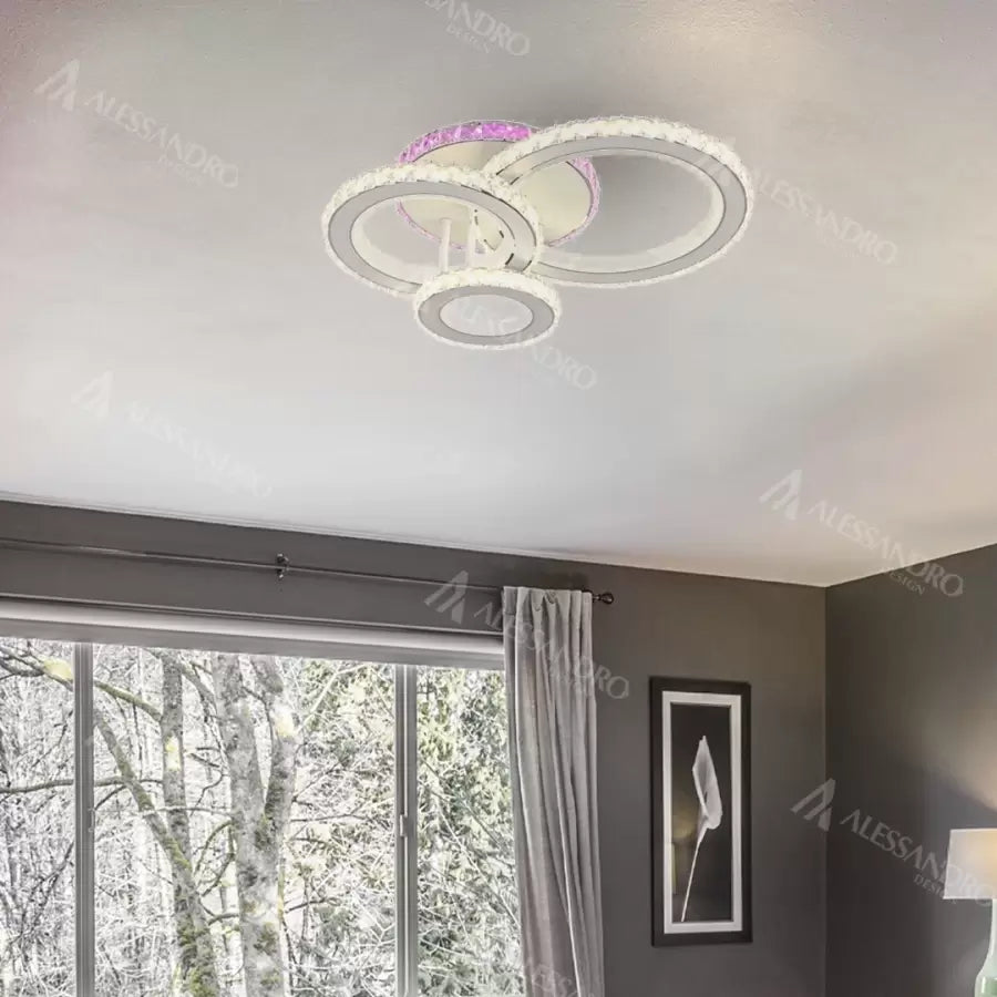 Lustra LED cu telecomanda si cristal LEOCADIA RGB 134W, 3 Cercuri, lumina Rece/Calda/Neutra, Dimabila, Alb