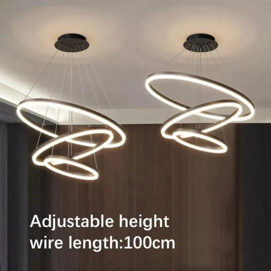 Lustra LED suspendata cu telecomanda CASIANA 85W, 3 Cercuri, lumina Rece/Calda/Neutra, Dimabila, Negru, Inaltime Reglabila