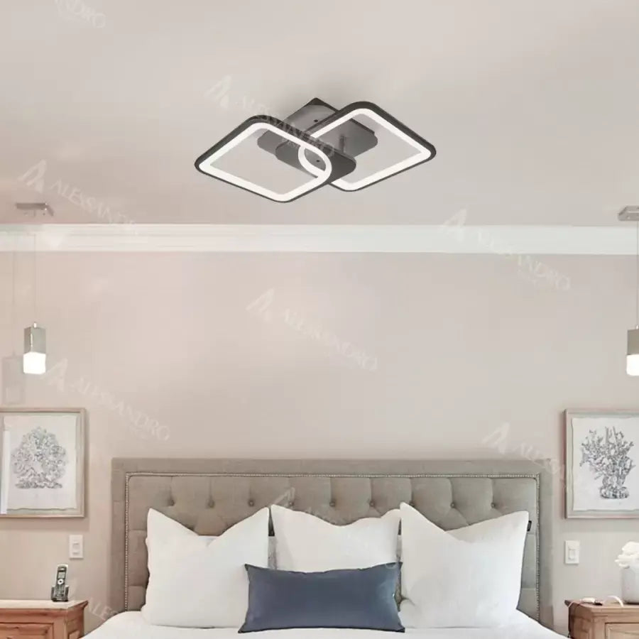 Lustra LED cu telecomanda ZOE 27W, 2 Patrate,  lumina Rece/Calda/Neutra, Dimabila, Negru