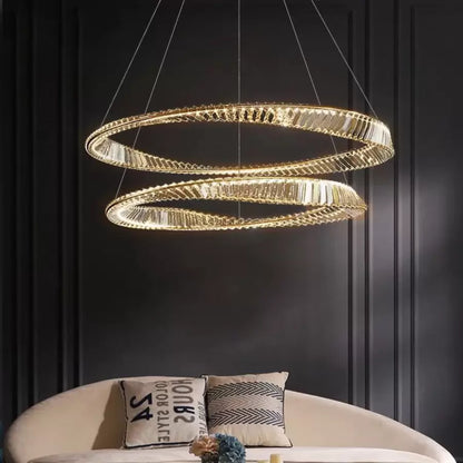 Lustra LED suspendata cu telecomanda si cristal CAIRO 98W, 2 Cercuri, lumina Rece/Calda/Neutra, Dimabila, Auriu Lucios, Inaltime Reglabila