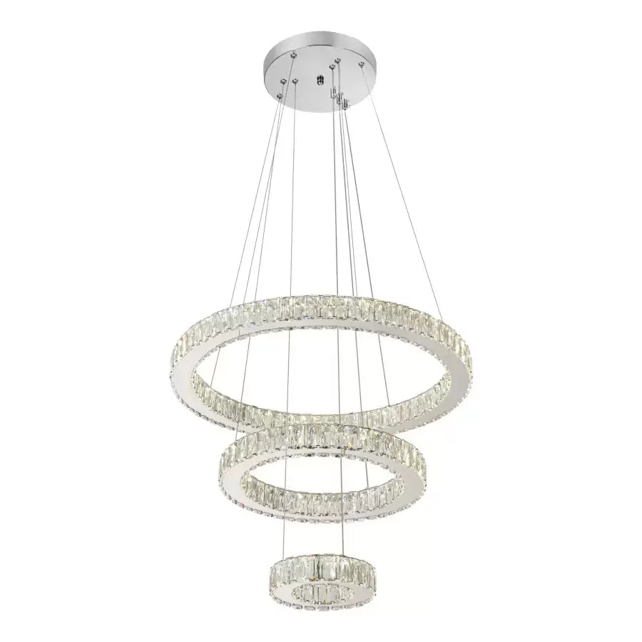 Lustra LED suspendata cu telecomanda si cristal CANAAN 120W, 3 Cercuri, lumina Rece/Calda/Neutra, Dimabila, Crom Lucios, Inaltime Reglabila
