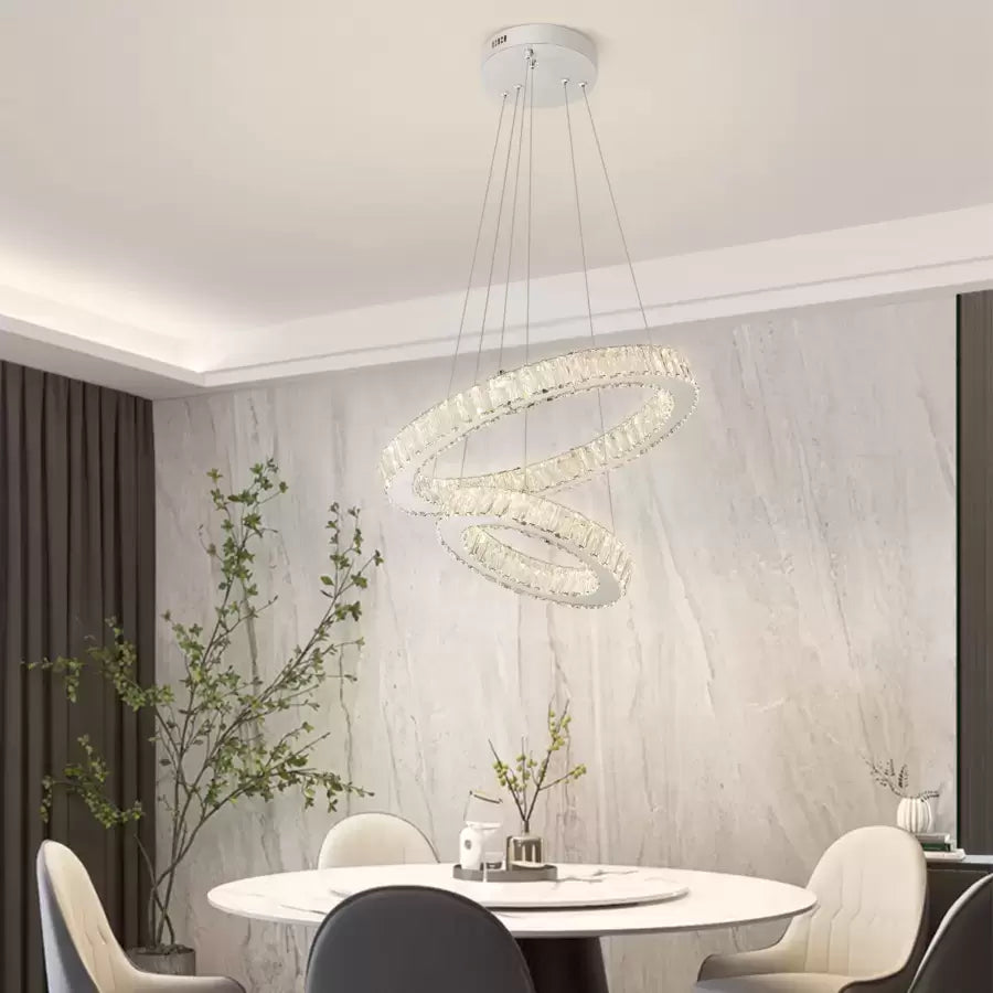 Lustra LED suspendata cu telecomanda si cristal CANAAN 80W, 2 Cercuri, lumina Rece/Calda/Neutra, Dimabila, Crom Lucios, Inaltime Reglabila