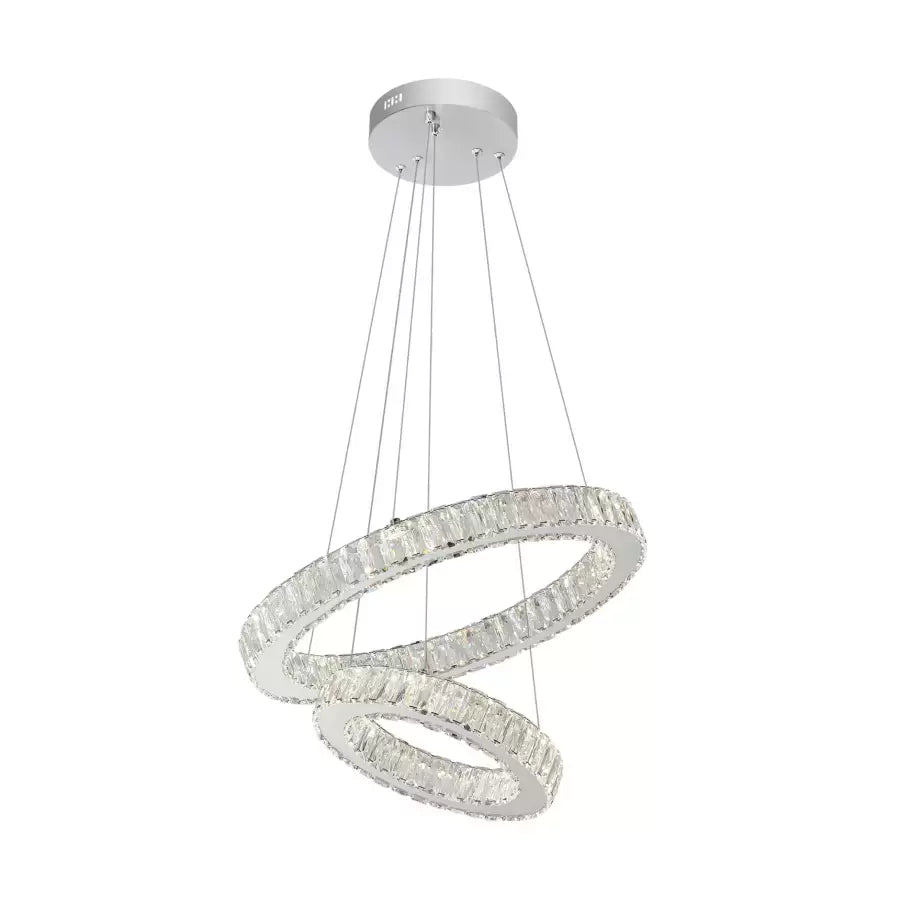 Lustra LED suspendata cu telecomanda si cristal CANAAN 80W, 2 Cercuri, lumina Rece/Calda/Neutra, Dimabila, Crom Lucios, Inaltime Reglabila