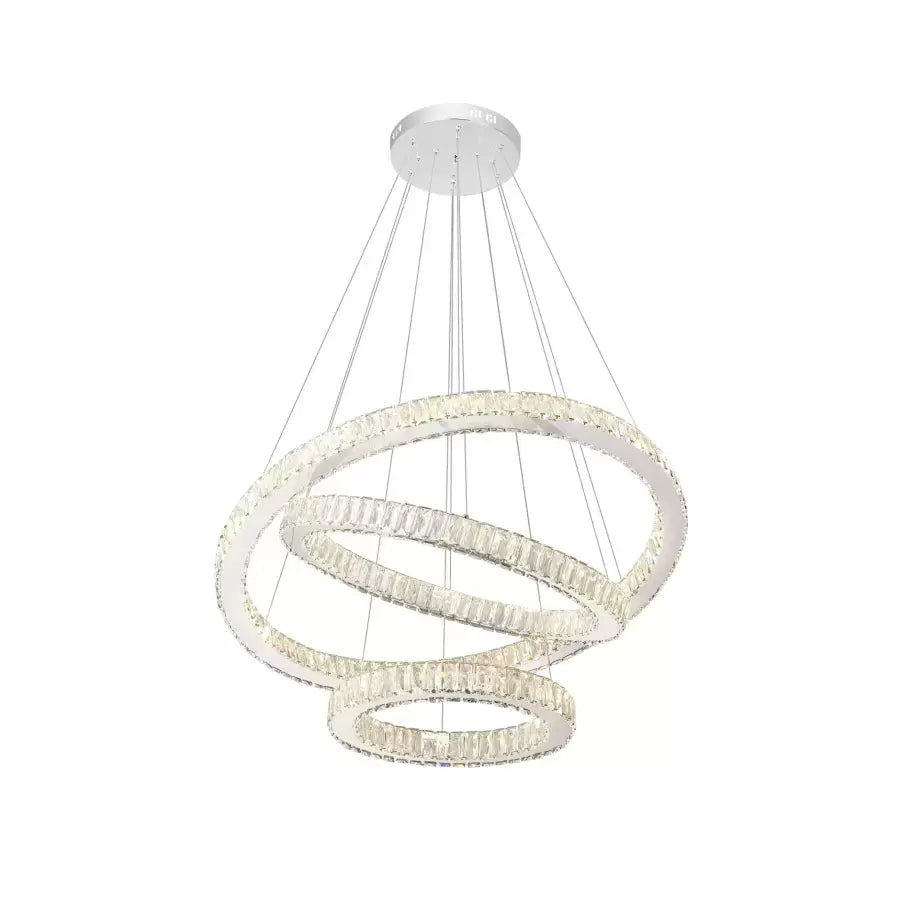 Lustra LED suspendata cu telecomanda si cristal CAYDEN 200W, 3 Cercuri, lumina Rece/Calda/Neutra, Dimabila, Crom Lucios, Inaltime Reglabila