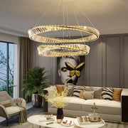 Lustra LED suspendata cu telecomanda si cristal CAIRO 98W, 2 Cercuri, lumina Rece/Calda/Neutra, Dimabila, Auriu Lucios, Inaltime Reglabila