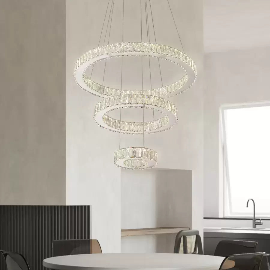 Lustra LED suspendata cu telecomanda si cristal CANAAN 120W, 3 Cercuri, lumina Rece/Calda/Neutra, Dimabila, Crom Lucios, Inaltime Reglabila